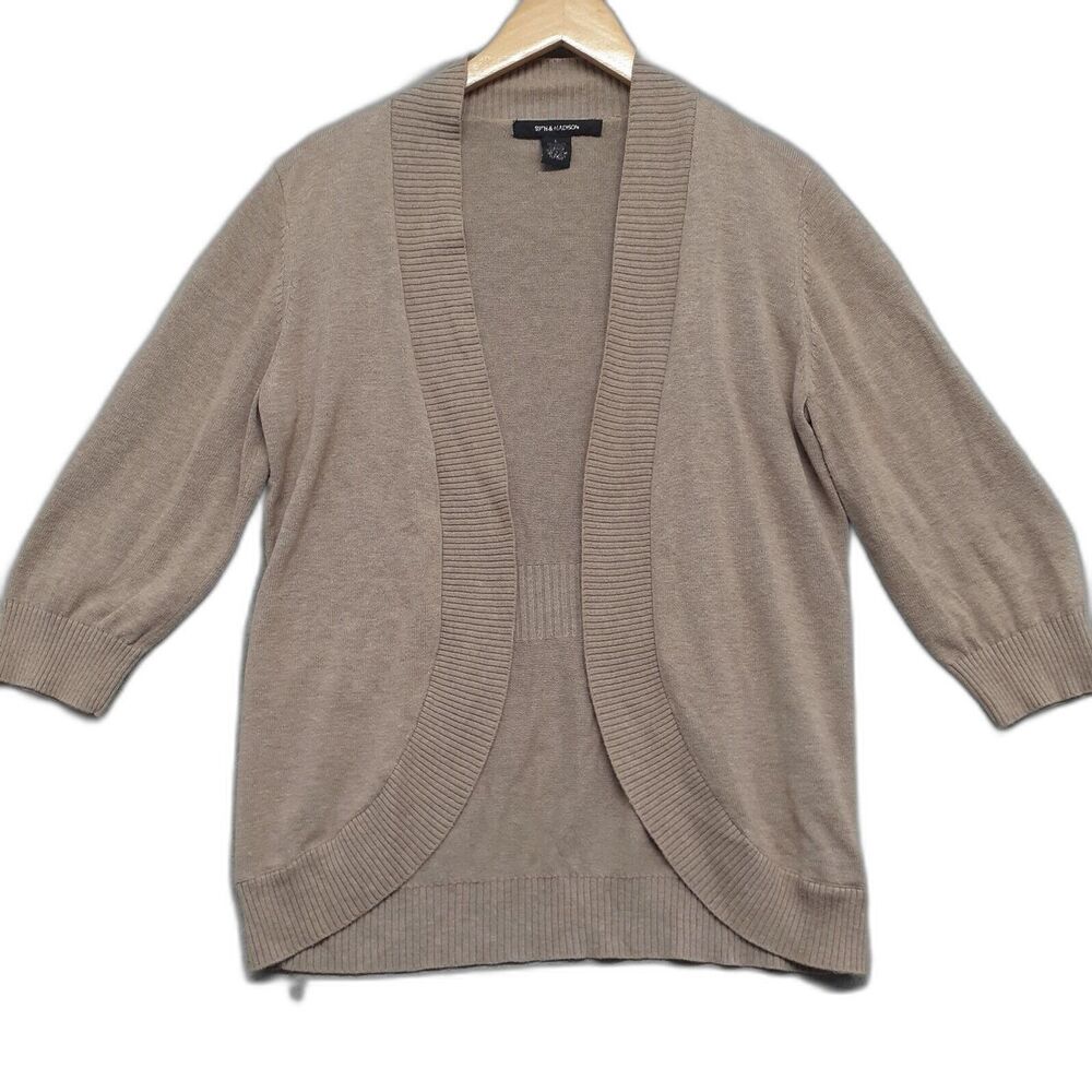 89th & Madison Womens Sz L Beige Open Curved Front 3/4 Sleeve Cardigan Ribbed